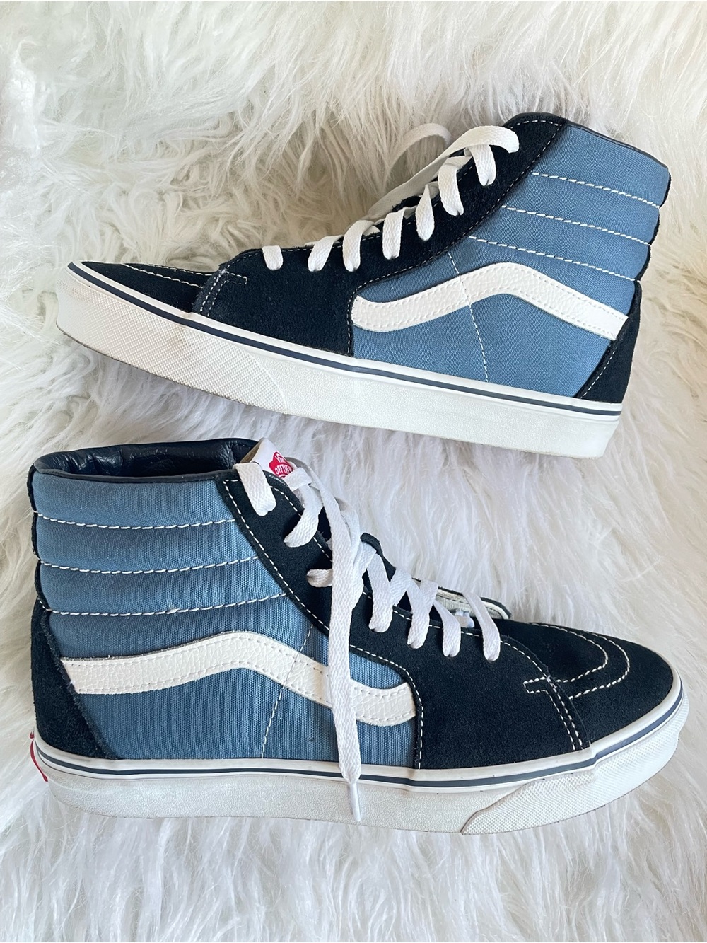 Vans High Top Sneakers in Blue and Black with White Stripe